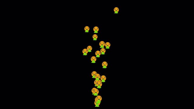 Animated vomiting emojis rising upward on a transparent alpha channel background, ideal for overlays and humorous motion graphic elements.