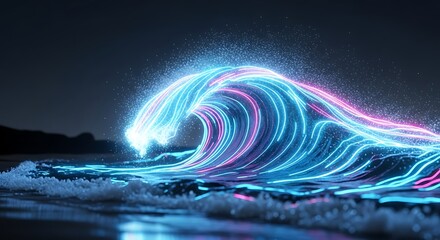 Surreal neon wave crashing in the dark ocean