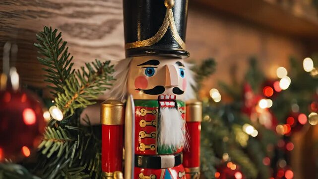 Festive Nutcracker Guarding a Fireplace Mantel with Christmas Decorations