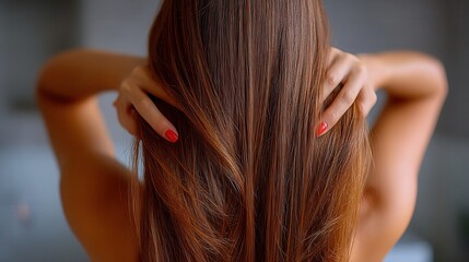 Fototapeta premium Captivating close-up showcases lustrous auburn hair with elegant red nails, highlighting healthy shine and vibrant color for beauty and haircare campaigns.