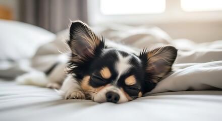Small peaceful canine sleeping on white bed.