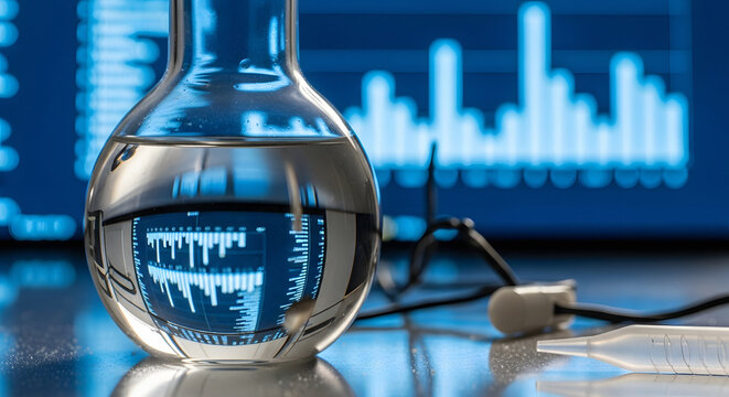 Glass beaker reflecting data screens in a modern pharmaceutical laboratory