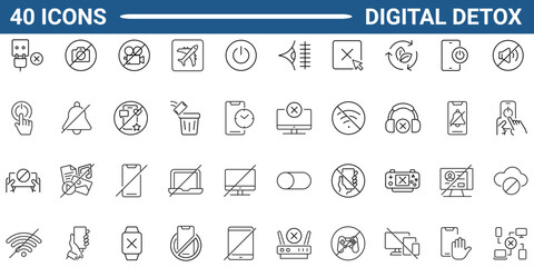 Digital detox line icon set. Includes digital detox, tech detoxification, unplug, no phone, offline, airplane mode, and no wifi. Editable stroke. Vector illustration