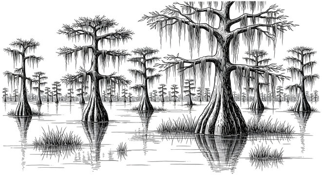 Black and white illustration of cypress trees in swamp with spanish moss water