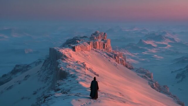 Silhouette person on mountain ridge at dusk with gradient sky background