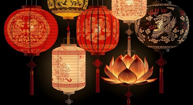 Traditional Chinese and Japanese paper lanterns illuminated for celebration or Asian festival background