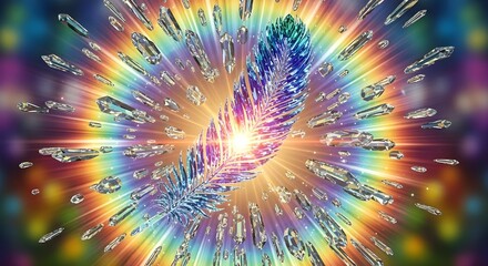Glimmering crystal feather, vibrant rainbow light and shards