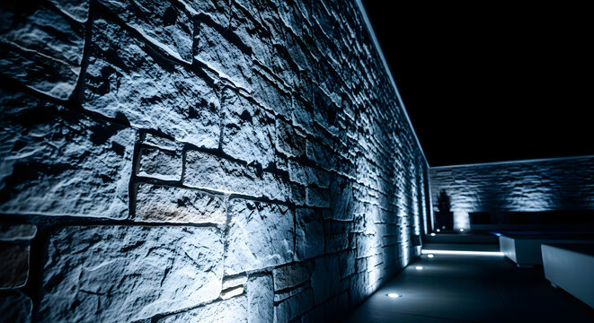 Stone wall illuminated by blue uplights at night, creating a dramatic architectural effect.