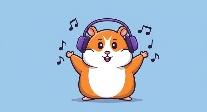 Cute cartoon hamster wearing headphones dancing to music.