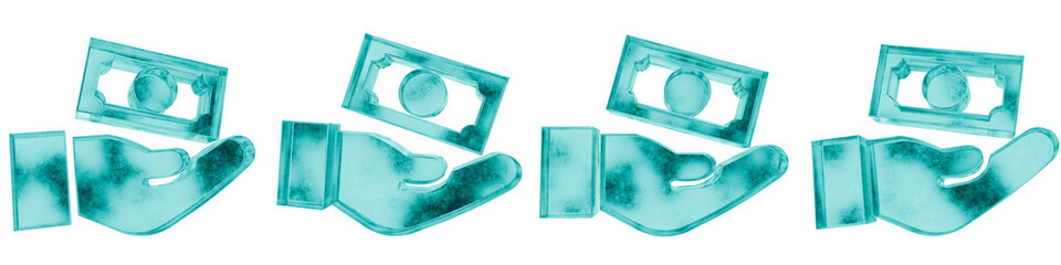 Set of four 3D hand money income note shapes in frosted blue ice glass style, isolated on a transparent background. Glassmorphism icons and 3D elements for modern graphic design.