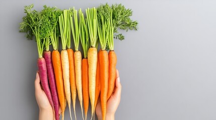 Hands holding multicolored fresh carrots with green tops against gray background