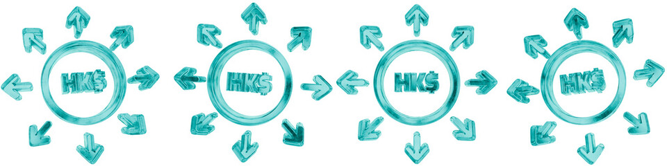 Set of four 3D hong kong dollar investment diversification shapes in frosted blue ice glass style, isolated on a transparent background. Glassmorphism icons and 3D elements for modern graphic design.