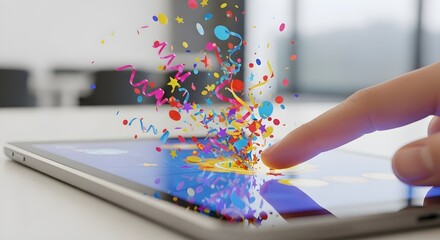Achieving success: finger taps tablet, confetti explodes in air
