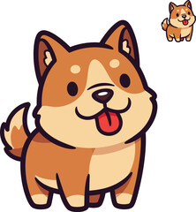 A cute cartoon Shiba Inu puppy illustration with a happy expression and its tongue sticking out.