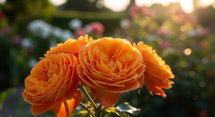Stunning peach roses blooming in the sunlight, a vibrant floral display