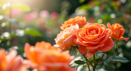 Stunning peach roses blooming in the sunlight, a vibrant floral display