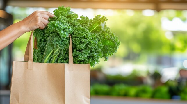 Hand holding brown paper bag filled with fresh green kale leaves with sunlit outdoor background