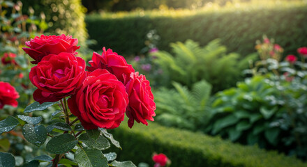 Stunning red roses bathed in morning light, perfect for garden projects