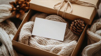 Opened gift box with white blank card and scarf. Merry Christmas and Happy New Year concept.