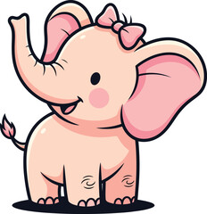 Adorable pink baby elephant cartoon with a cute bow smiling with its trunk raised.
