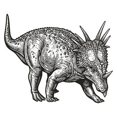 Styracosaurus Dinosaur Vector Illustrations Clipart Set, Vintage Feathered Raptor Dinosaur, isolated black and white art, Dinosaur Engraving Illustration