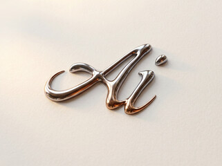 Ai logo design in polished chrome metal script lettering with reflective finish