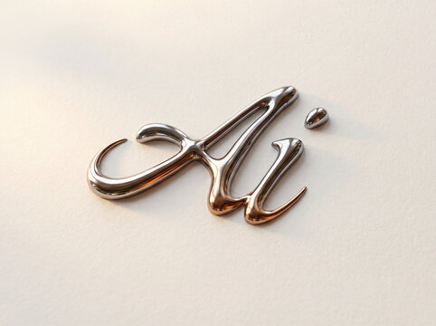 Ai logo design in polished chrome metal script lettering with reflective finish