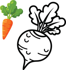 Bold black and white line drawing of a cartoon turnip a root vegetable with leafy tops for a coloring book.