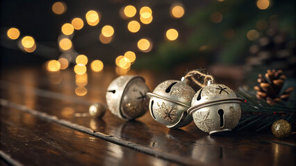 Close up of antique silver jingle bells with bokeh lights background