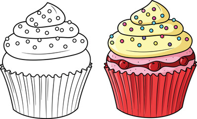 Colorful Cartoon Cupcake with Yellow Frosting and its Black and White Line Art Coloring Page Version.