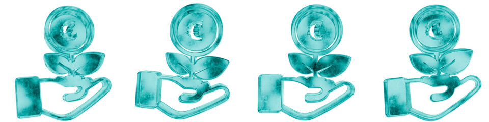 Set of four 3D investment euro shapes in frosted blue ice glass style, isolated on a transparent background. Glassmorphism icons and 3D elements for modern graphic design.