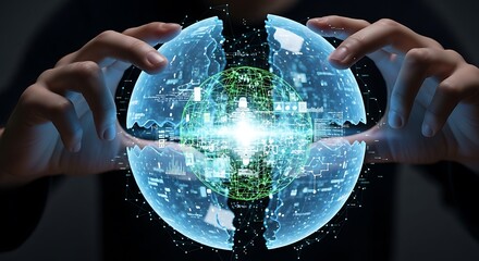 Hands Holding a Sphere of Digital Data and Connections, Representing Future Technology and Global Networking.