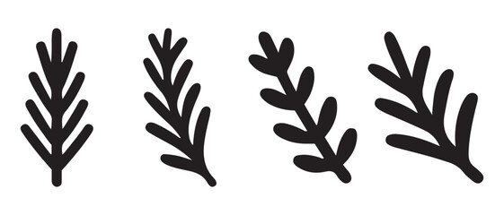 Hand drawn simple branch and leaf doodle set black silhouette.