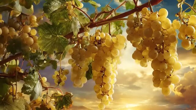 A luscious cluster of ripe, golden grapes hangs heavy on a vine, bathed in the warm light of a beautiful sunset.