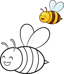 Cute cartoon bee coloring page outline with a happy smiling face and chubby striped body.