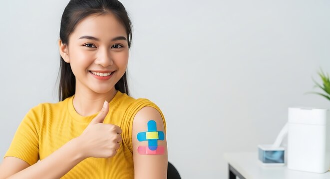 Smiling woman showing medical patch on shoulder.