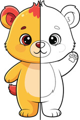 Cute cartoon bear cub split in half showing a colored goldenyellow side and a black and white line art outline for coloring.