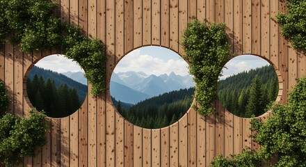Wooden wall with circular openings revealing lush green pine forests and majestic snow capped mountains under a cloudy sky ivy vines climbing the timber structure nature trees landscape