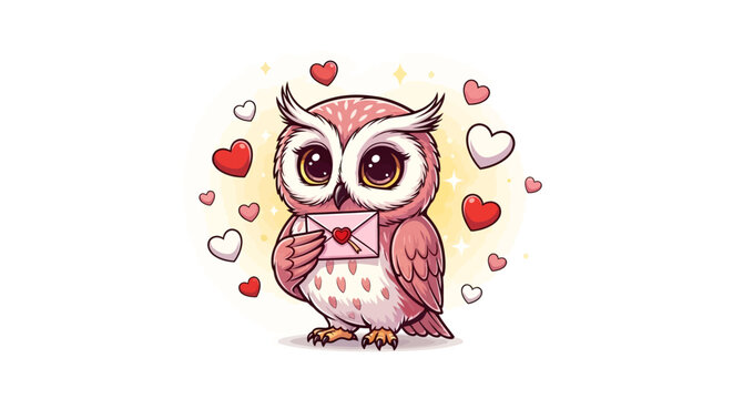 Adorable owl delivers love letter with heart, perfect for Valentine's Day cards, cute animal designs, or romantic greetings with a whimsical touch