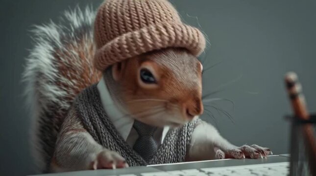 Adorable squirrel dressed in a tiny hat and sweater, sitting at a desk and looking thoughtfully at the camera