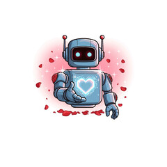 Adorable robot offering love with a glowing heart and scattered rose petals, perfect for Valentine's Day promotions and heartfelt messages of robotic affection