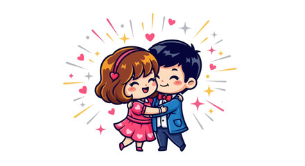 Adorable cartoon couple hugging with hearts and stars, perfect for Valentine's Day cards, social media posts, and heartwarming designs for kids