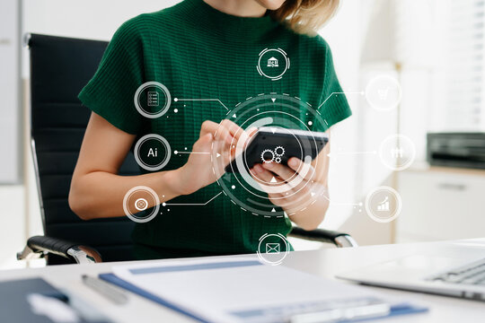 Businesswoman hand working digital marketing media in virtual screen with mobile phone and modern compute with virtual icon diagram