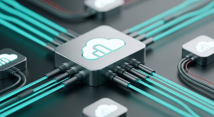 A futuristic depiction of cloud computing and interconnected data, showcasing the convergence of technology and information. 