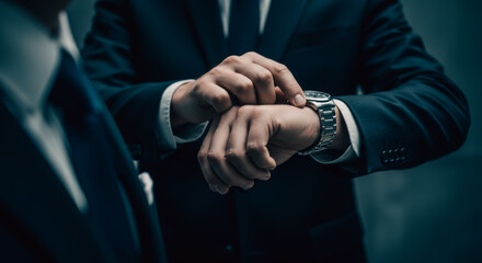 An executive in a sharp suit checks the time, wrist watch with the precision of a seasoned professional. It's a study in business elegance.