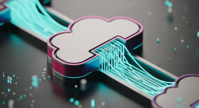 Two stylized cloud structures symbolize interconnected global data transfer. Lines of radiant light signify seamless data flow.