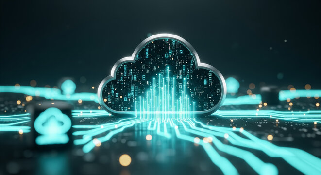 An ethereal depiction of cloud computing, with glowing cloud emitting streams of data in digital networks. - Powered by Adobe
