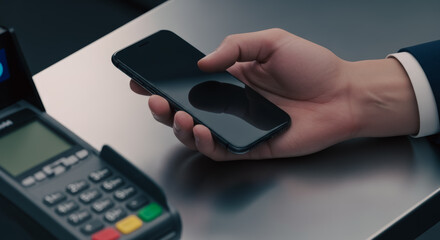 A hand holds a smartphone over a point-of-sale device, symbolizing the ease and security of modern digital payment methods.