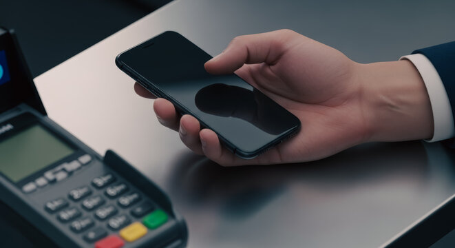 A hand holds a smartphone over a point-of-sale device, symbolizing the ease and security of modern digital payment methods.