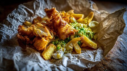 Traditional british fish and chips with mushy peas.